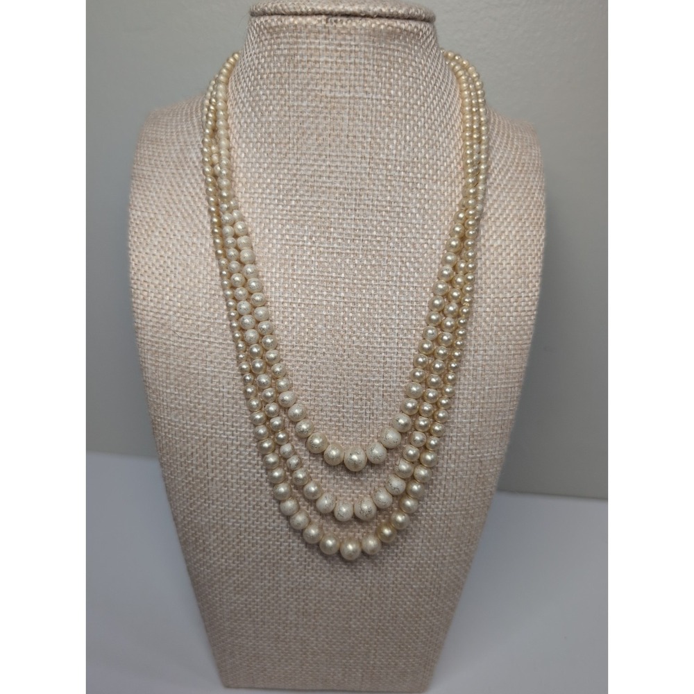 Vintage Sterling Silver 925 Clasp Three Strands Pearl Necklace